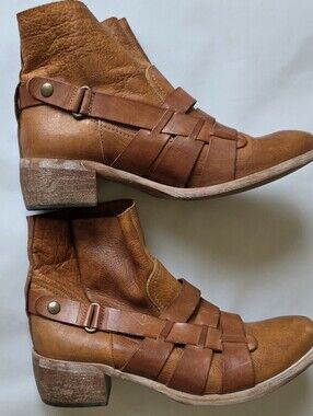 Veracruz Women's Cognac Leather Ankle Booties with Woven Strap Detail